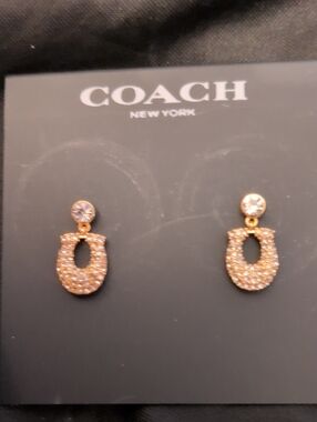 Coach Gold Crystal Pavé Horseshoe Drop Earrings